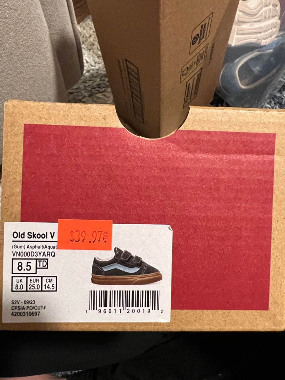 Vans Old Skool V Kids' Black with Light Blue and Gum Sole Velcro Sneakers